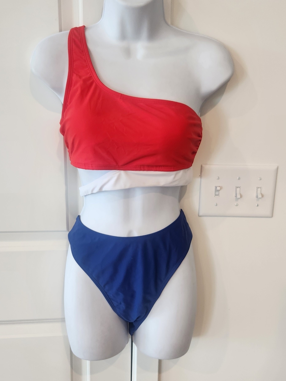 Cupshe Red, White & Blue One-Shoulder Colorblock Bikini